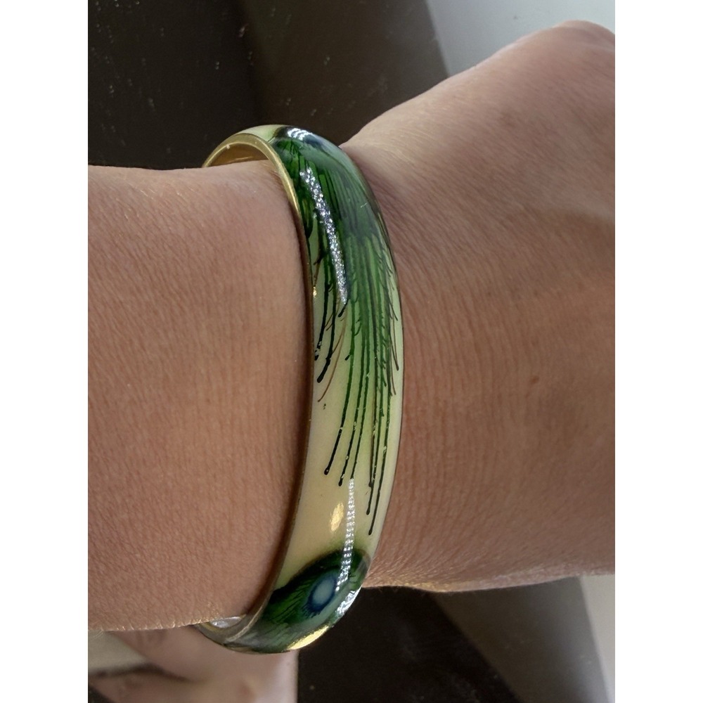 Vintage Hand Painted Enamel Feather Peacock Feather Brass Bangle Bracelet 2.75"